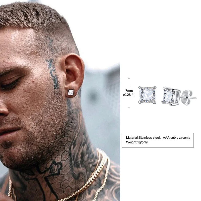 Men Stud Earring,Triangle Pierced Crystal Zircon Stud Earrings,Stainless Steel Tiny Minimalist Studs for Mens Women Jewelry