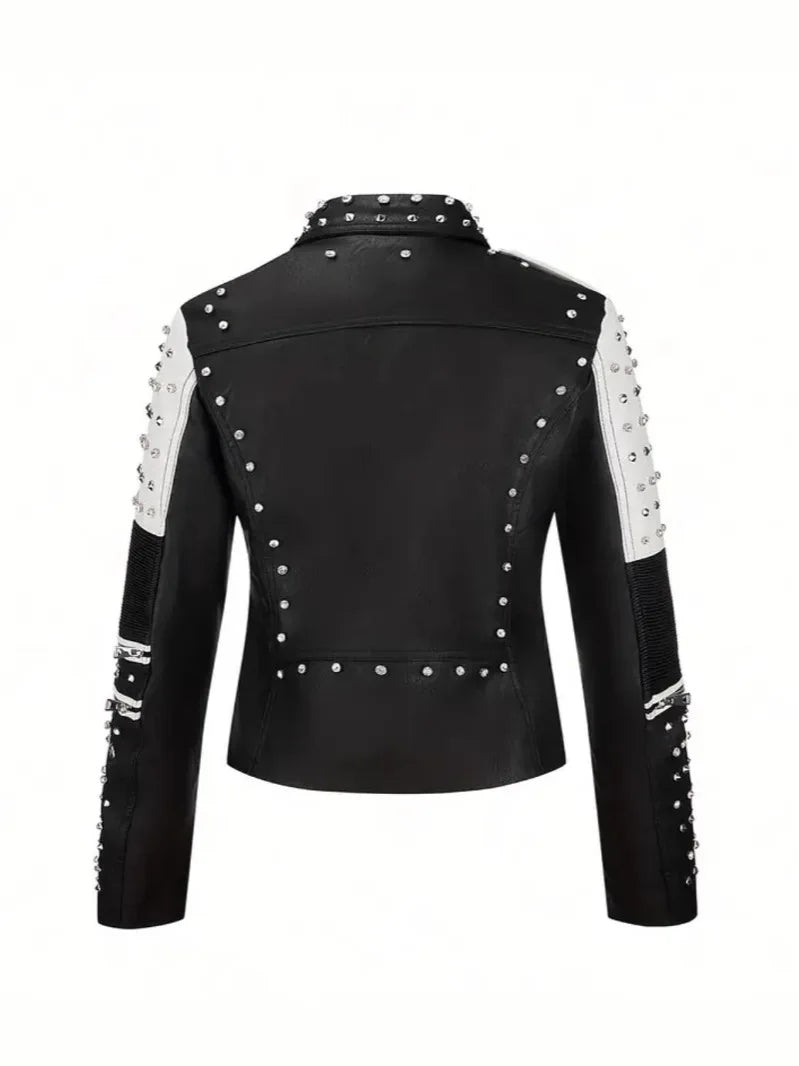 Fashionable black and white contrasting rivet motorcycle leather jacket with multiple pockets, slim fit rock punk style jacket