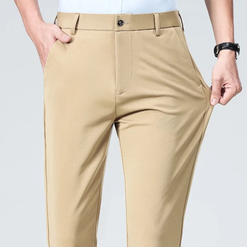Spring Summer Stretch Smooth Trousers Men Classic Business Elastic Waist Pants Thin Black Gray Blue Casual Suit Pants Male Brand