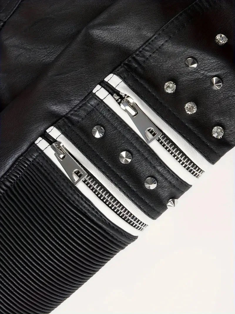 Fashionable black and white contrasting rivet motorcycle leather jacket with multiple pockets, slim fit rock punk style jacket