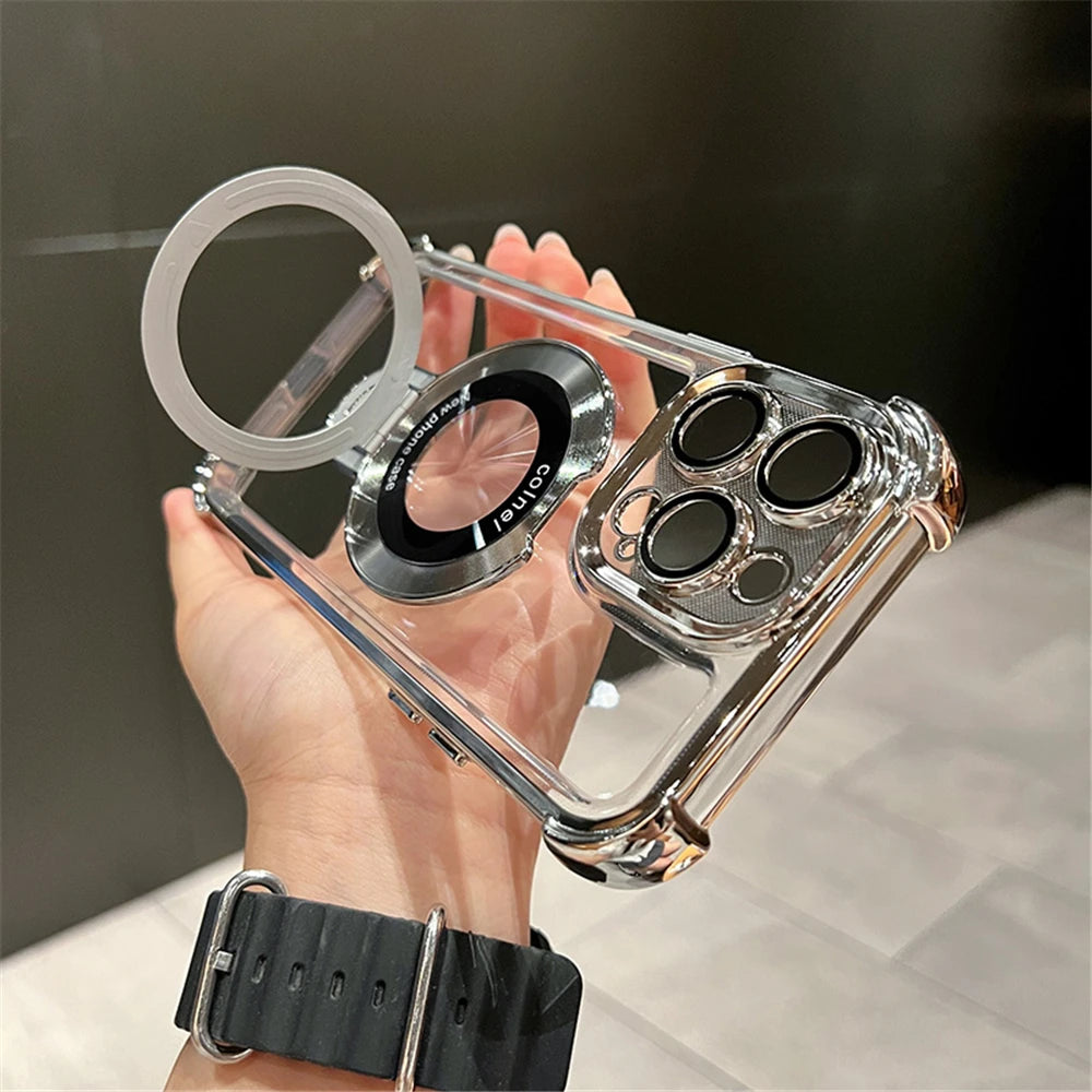 Luxury Plating Shockproof Magnetic Bracket For Magsafe Clear Case For iPhone 15 16 14 13 12 17 Pro Max With Holder Stand Cover