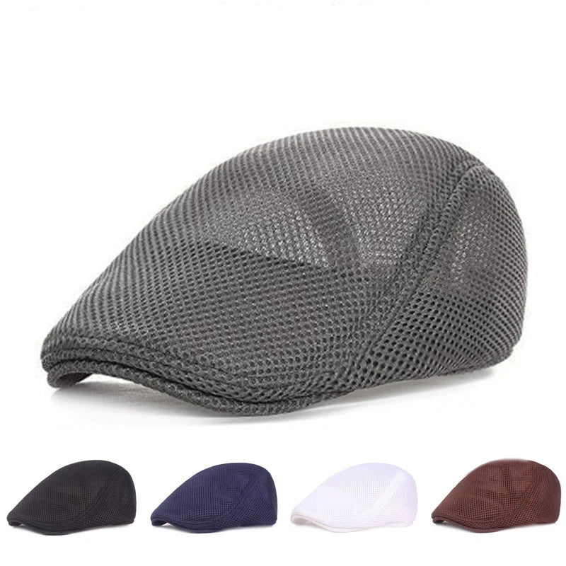 Spring Summer Men Women Casual Mesh Beret Hat Solid Color Flat Cap Newsboy Style Gatsby Hat Breathable Sun Hat