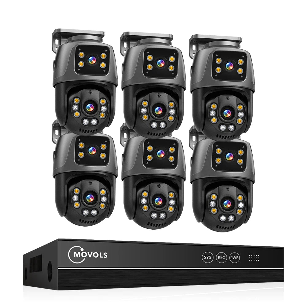 Movols 6MP XMEYE POE Surveillance System Dual Lens PTZ Two Way Audio POE Security Camera System 16CH NVR Video Surveillance Kit