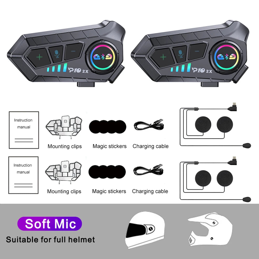 KEBIDUMEI 1/2x Motorcycle Intercom Headset Helmet BT 5.3 For 2 Riders intercommunicator 300M Waterproof Music Sharing Interphone