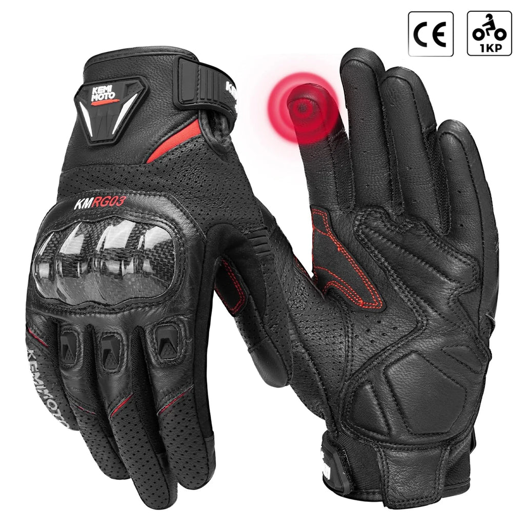 KEMIMOTO Leather Motorcycle Gloves CE Men's Retro Moto Gloves Touch Screen Carbon Protective Motorbike Breathable For Summer