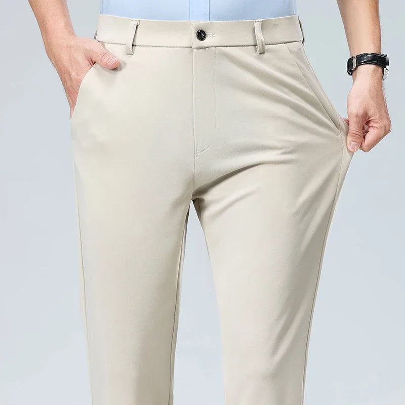 Spring Summer Stretch Smooth Trousers Men Classic Business Elastic Waist Pants Thin Black Gray Blue Casual Suit Pants Male Brand