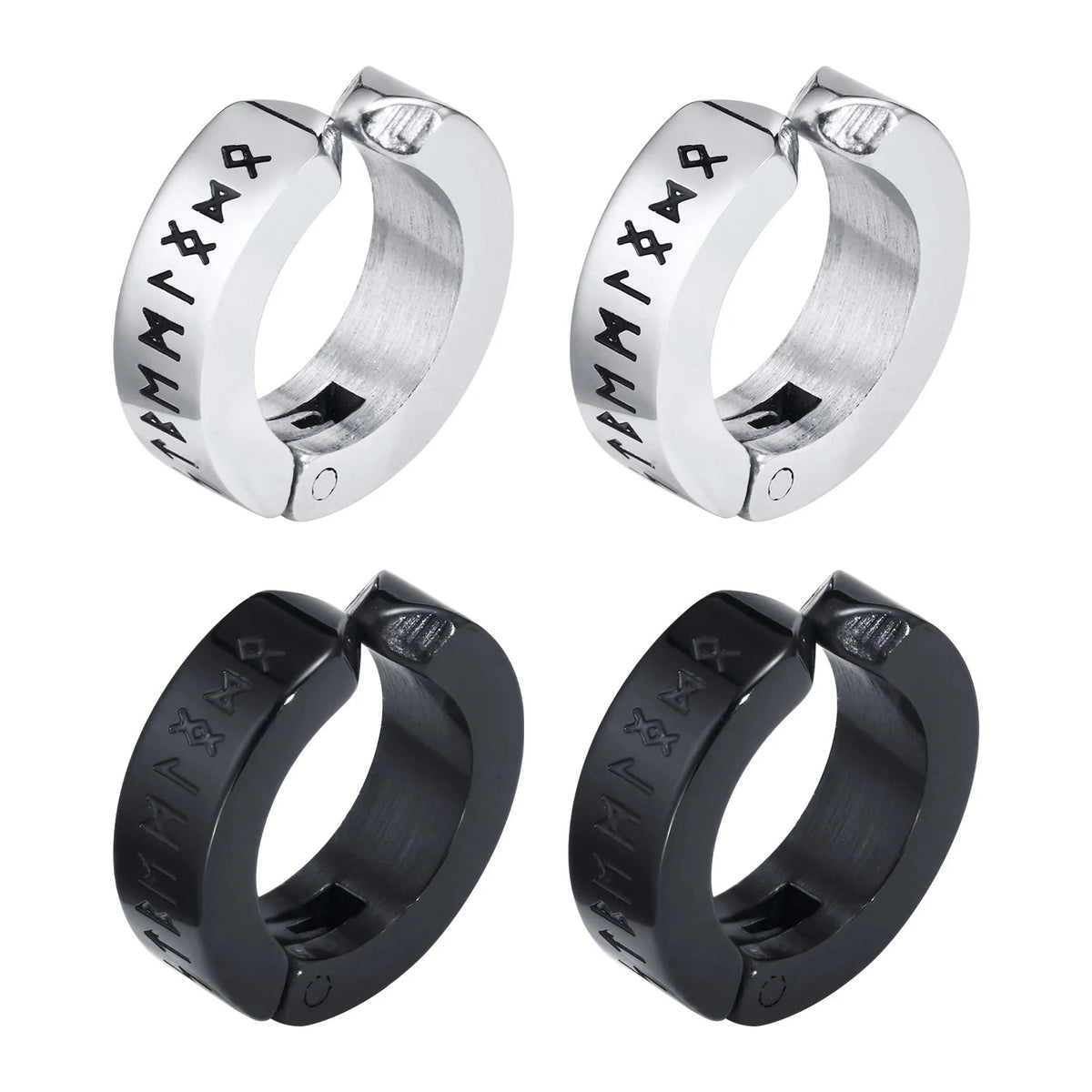 Mens Norse Viking Runes Ear Clips Earrings for Male Boys Gifts Jewelry, 13mm Stainless Steel Huggie Hoops No Peircing
