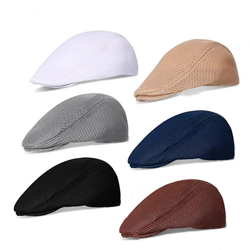 Spring Summer Men Women Casual Mesh Beret Hat Solid Color Flat Cap Newsboy Style Gatsby Hat Breathable Sun Hat