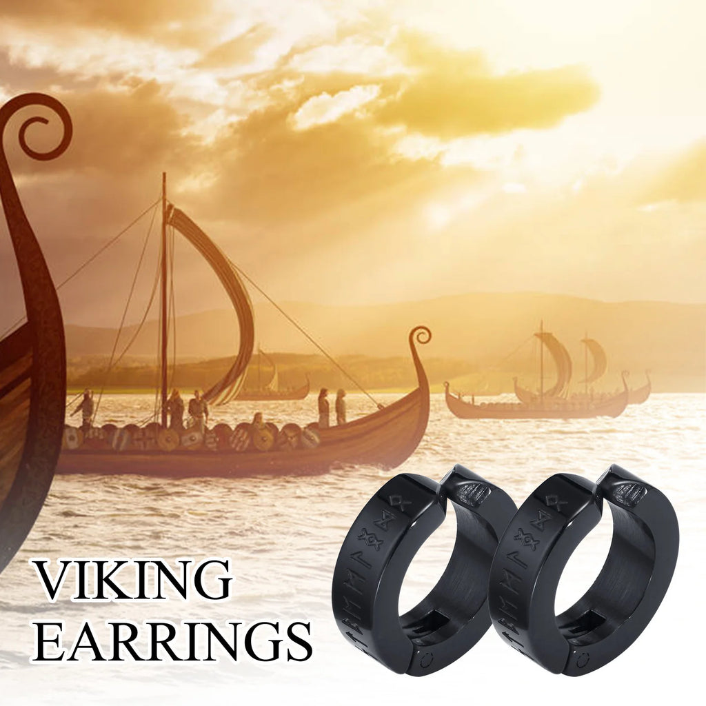 Mens Norse Viking Runes Ear Clips Earrings for Male Boys Gifts Jewelry, 13mm Stainless Steel Huggie Hoops No Peircing