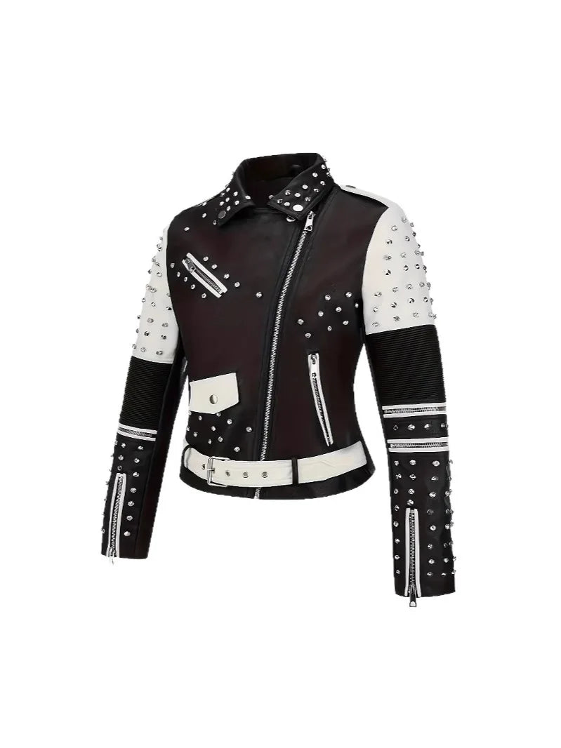Fashionable black and white contrasting rivet motorcycle leather jacket with multiple pockets, slim fit rock punk style jacket