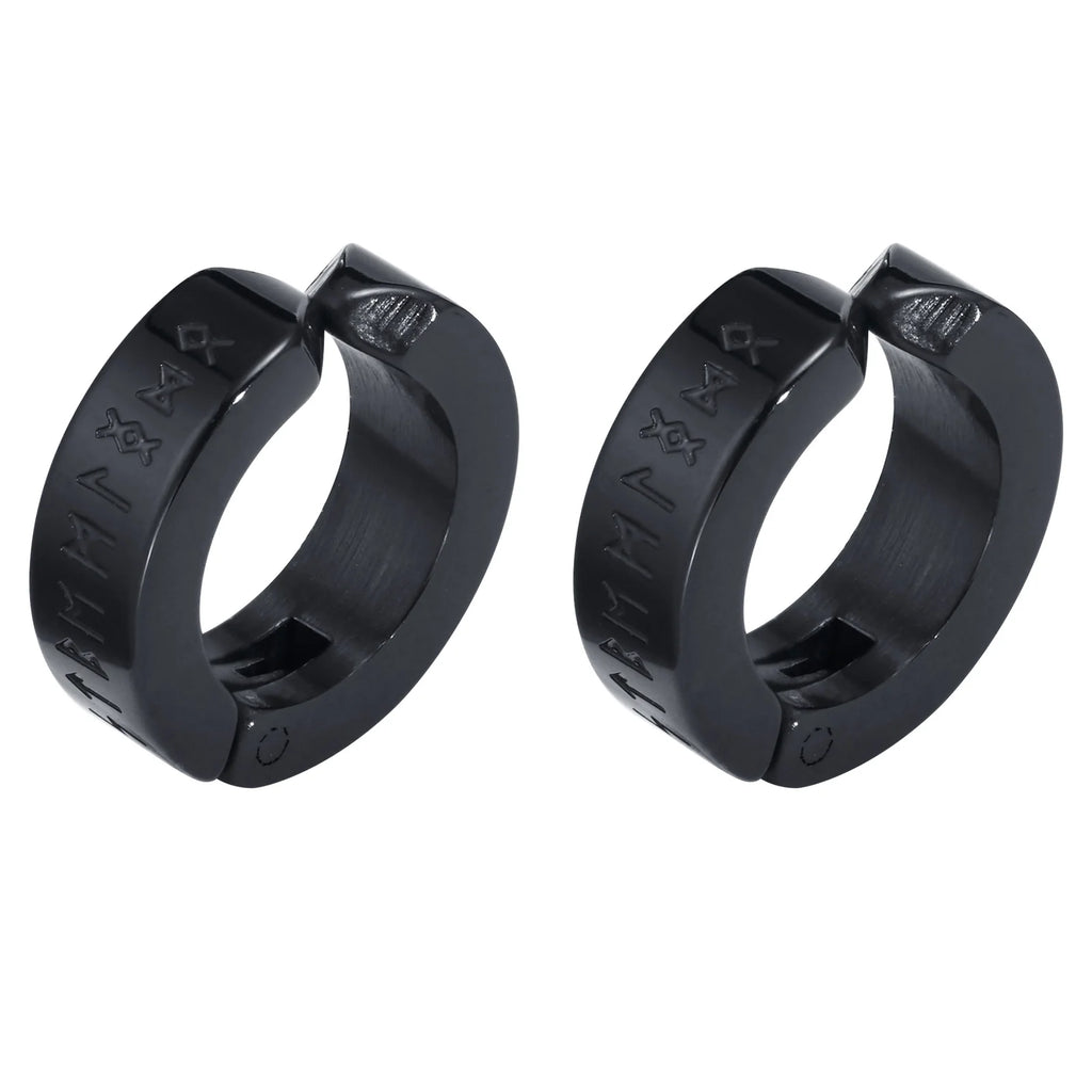 Mens Norse Viking Runes Ear Clips Earrings for Male Boys Gifts Jewelry, 13mm Stainless Steel Huggie Hoops No Peircing