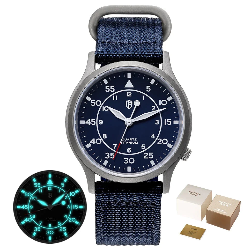 BERNY Titanium Watch for Men AR Coating Sapphire Fashion Wristwatch Luminous VH31 Ultra-thin Quartz Watch Waterproof 5ATM Watch