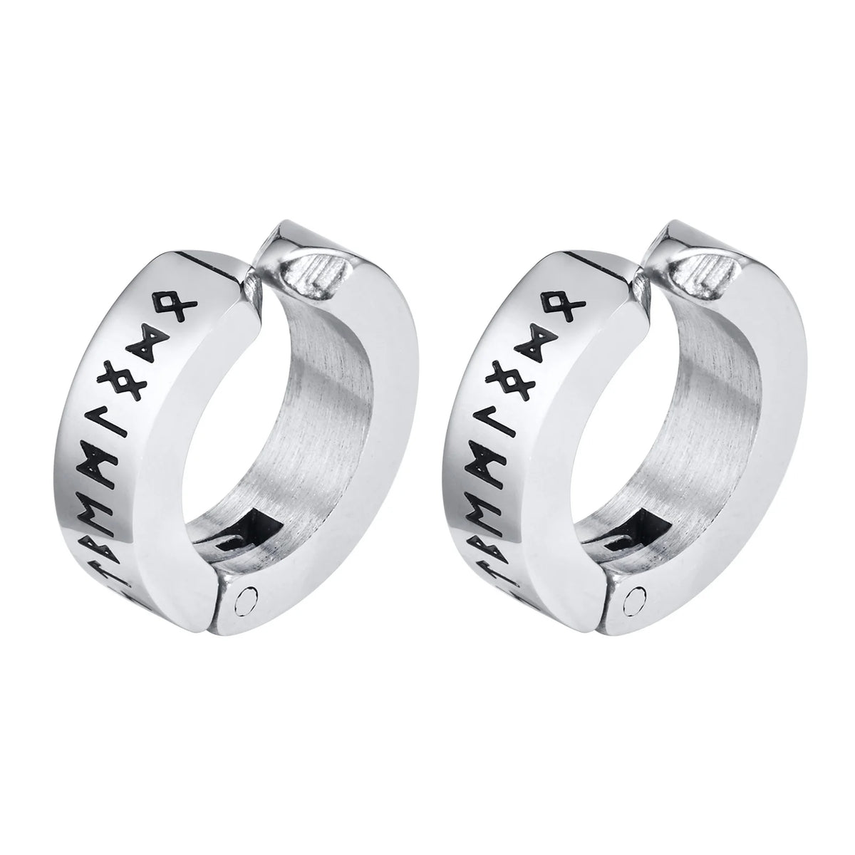 Mens Norse Viking Runes Ear Clips Earrings for Male Boys Gifts Jewelry, 13mm Stainless Steel Huggie Hoops No Peircing