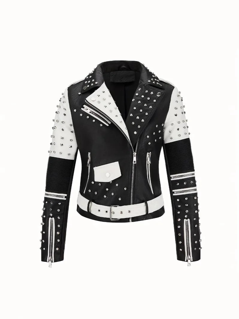 Fashionable black and white contrasting rivet motorcycle leather jacket with multiple pockets, slim fit rock punk style jacket
