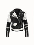 Fashionable black and white contrasting rivet motorcycle leather jacket with multiple pockets, slim fit rock punk style jacket
