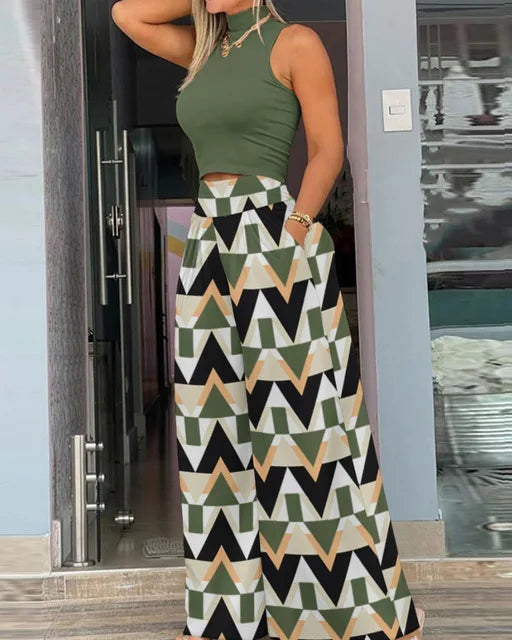 2025 Summer Fashion Printing Two Piece Set Women Casual Solid Sleeveless Tank Top Wide Leg Pants Two Piece Set Women