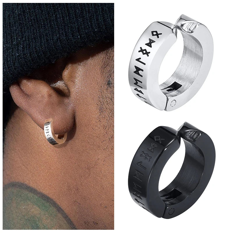 Mens Norse Viking Runes Ear Clips Earrings for Male Boys Gifts Jewelry, 13mm Stainless Steel Huggie Hoops No Peircing