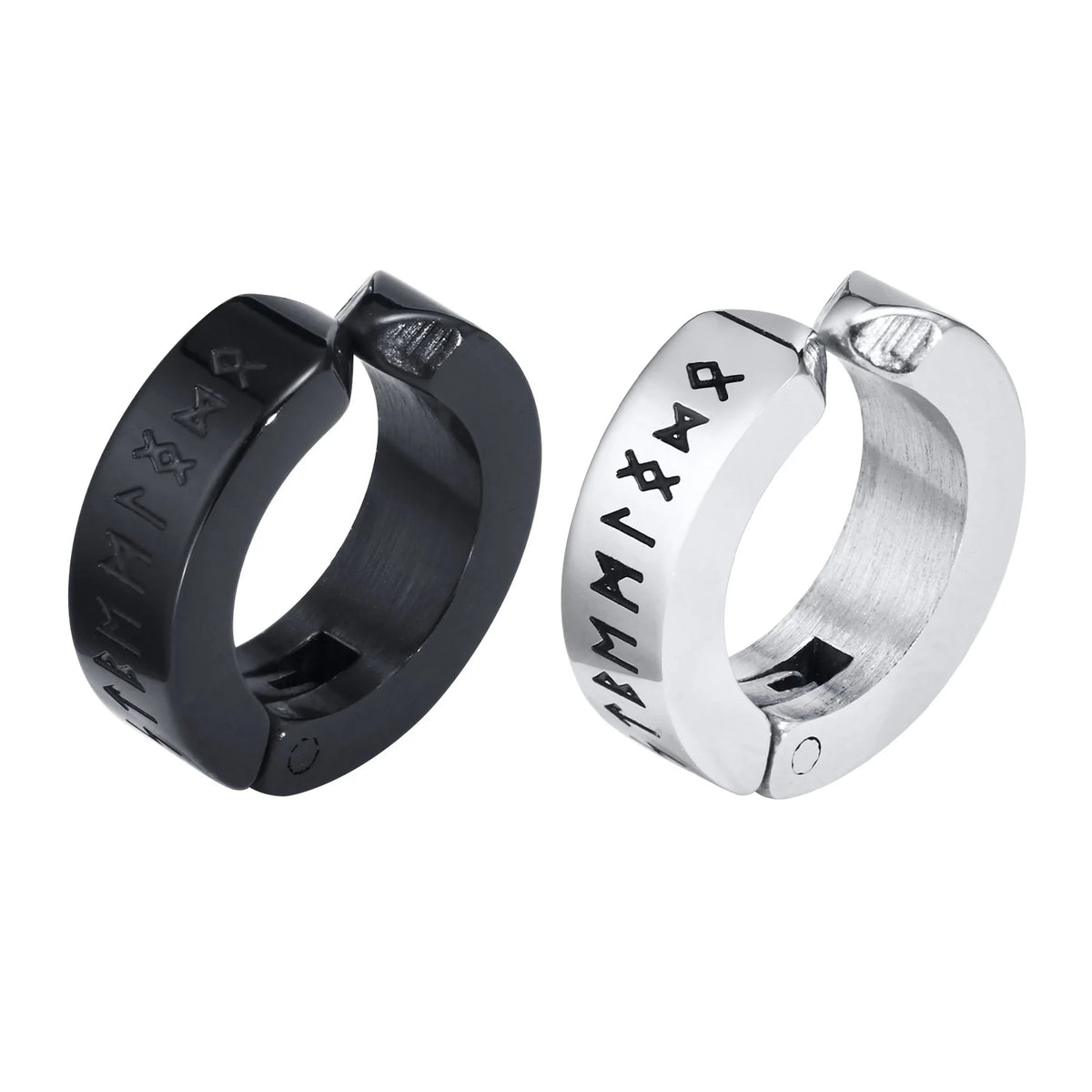 Mens Norse Viking Runes Ear Clips Earrings for Male Boys Gifts Jewelry, 13mm Stainless Steel Huggie Hoops No Peircing