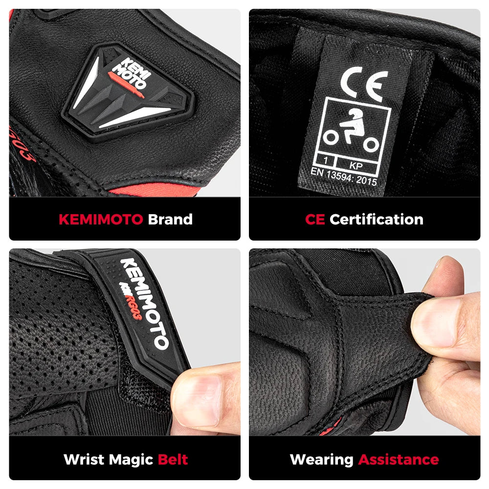 KEMIMOTO Leather Motorcycle Gloves CE Men's Retro Moto Gloves Touch Screen Carbon Protective Motorbike Breathable For Summer