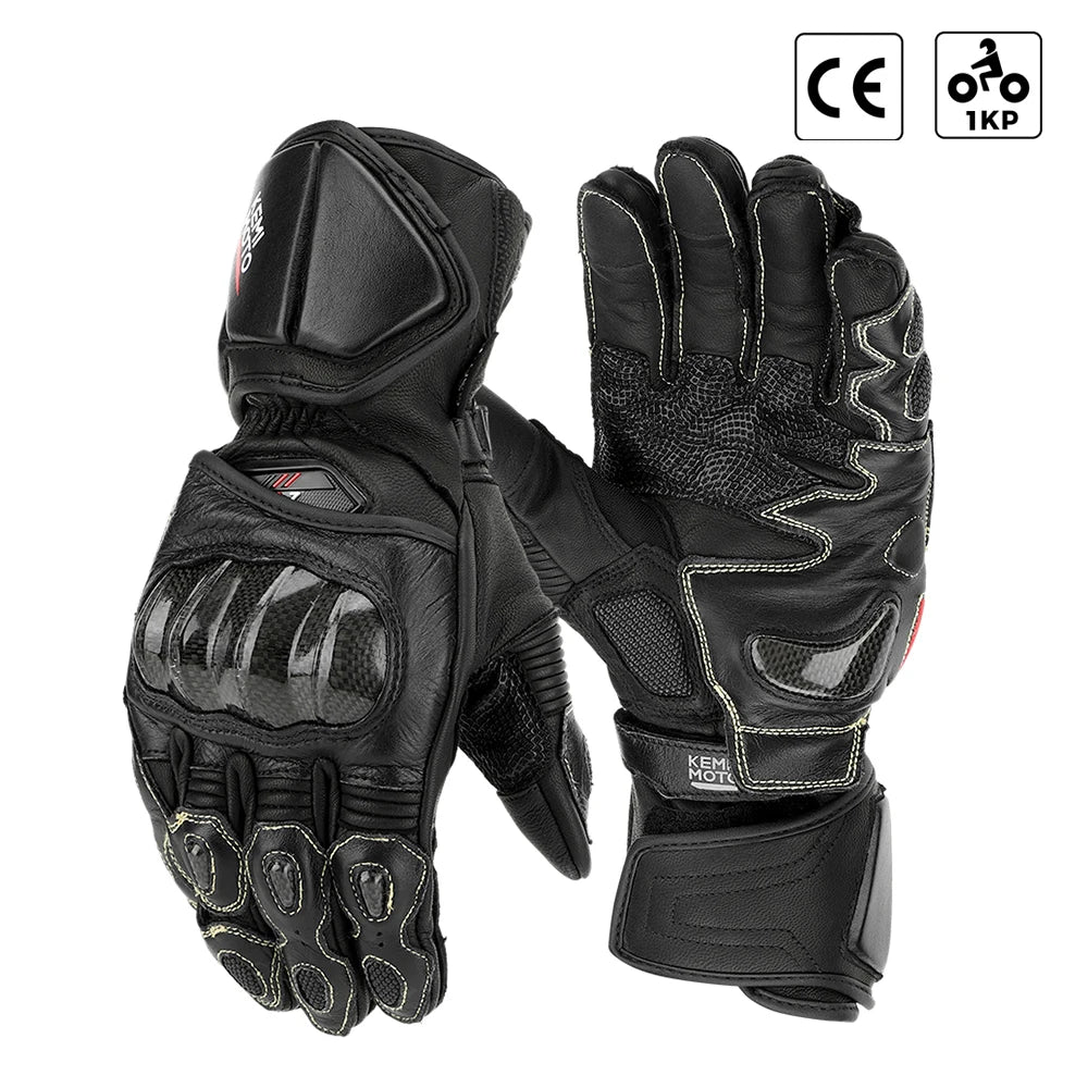 KEMIMOTO Leather Motorcycle Gloves CE Men's Retro Moto Gloves Touch Screen Carbon Protective Motorbike Breathable For Summer