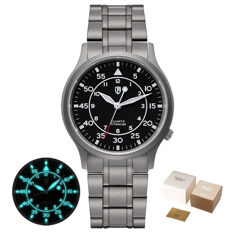 BERNY Titanium Watch for Men AR Coating Sapphire Fashion Wristwatch Luminous VH31 Ultra-thin Quartz Watch Waterproof 5ATM Watch