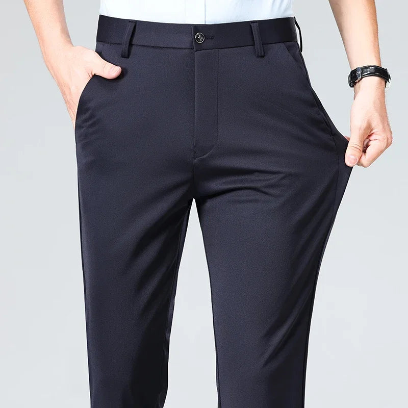 Spring Summer Stretch Smooth Trousers Men Classic Business Elastic Waist Pants Thin Black Gray Blue Casual Suit Pants Male Brand